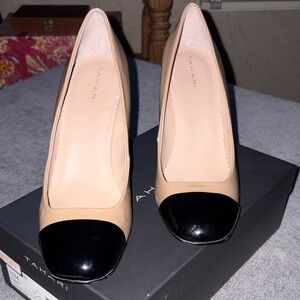 Tahari Nude and Black Two-Tone Cap-Toe Pumps